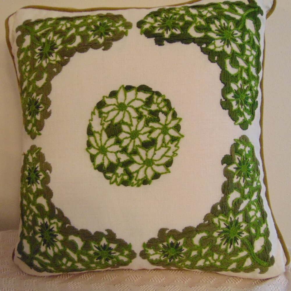 Vintage Ivory Pillow with Green Floral Embroidery, Handmade, 16 in x 14.5 in